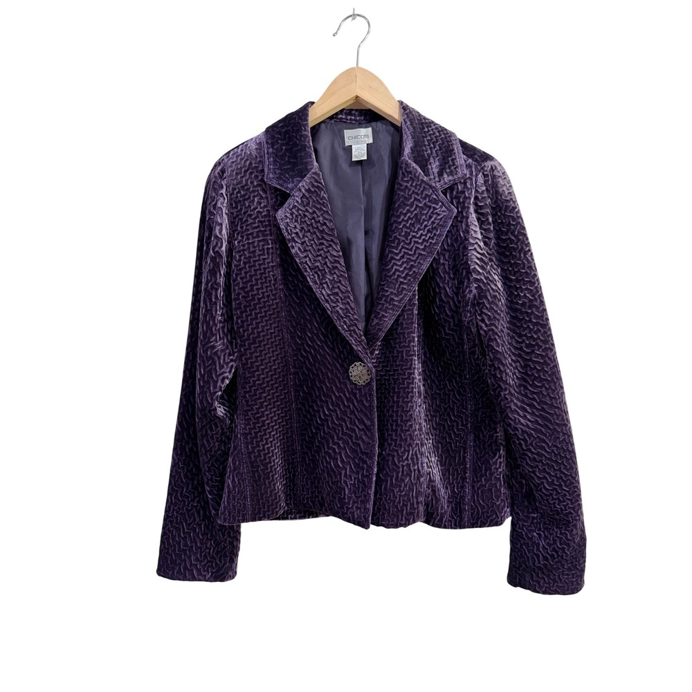 Chico's Purple Velvet Blazer Textured Chevron Button Jacket Size 1 = US M Plum
